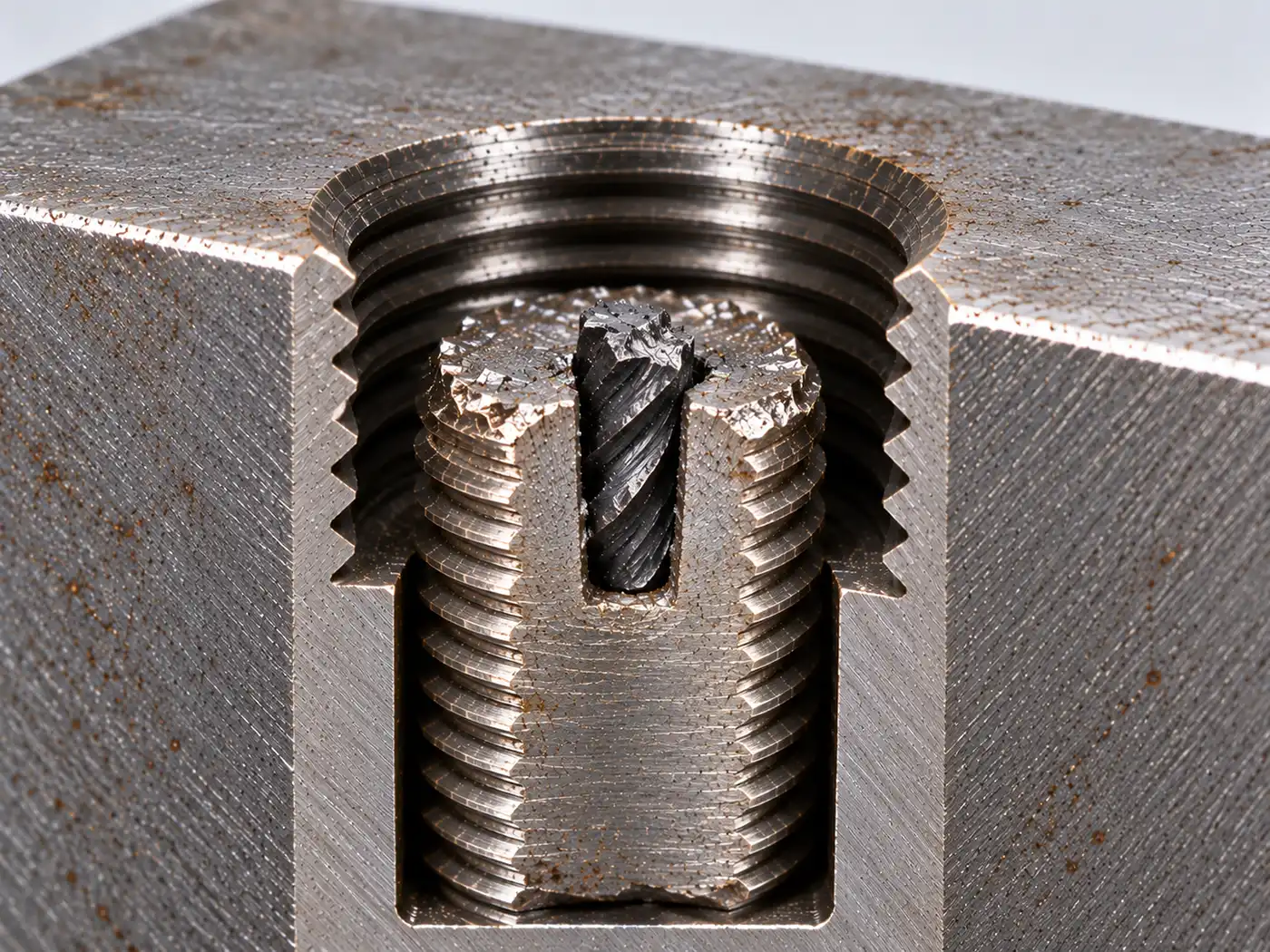 A cutaway of a threaded hole holding a bolt, with a hardened extractor fragment lodged in a narrow hole in the bolt's fractured end.
