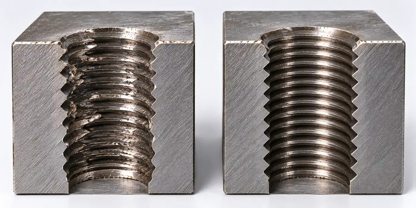 Two cutaway threaded holes side by side: one with torn and chipped thread flanks and one with clean, evenly formed threads.