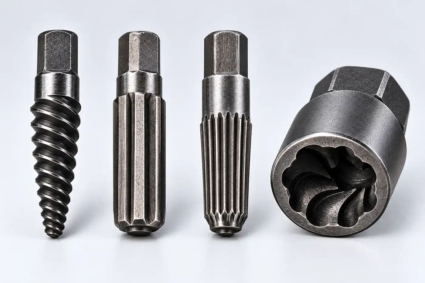 Four extractor designs side by side: a spiral-flute extractor, a straight-flute extractor, a multi-spline extractor, and an external socket-type extractor.