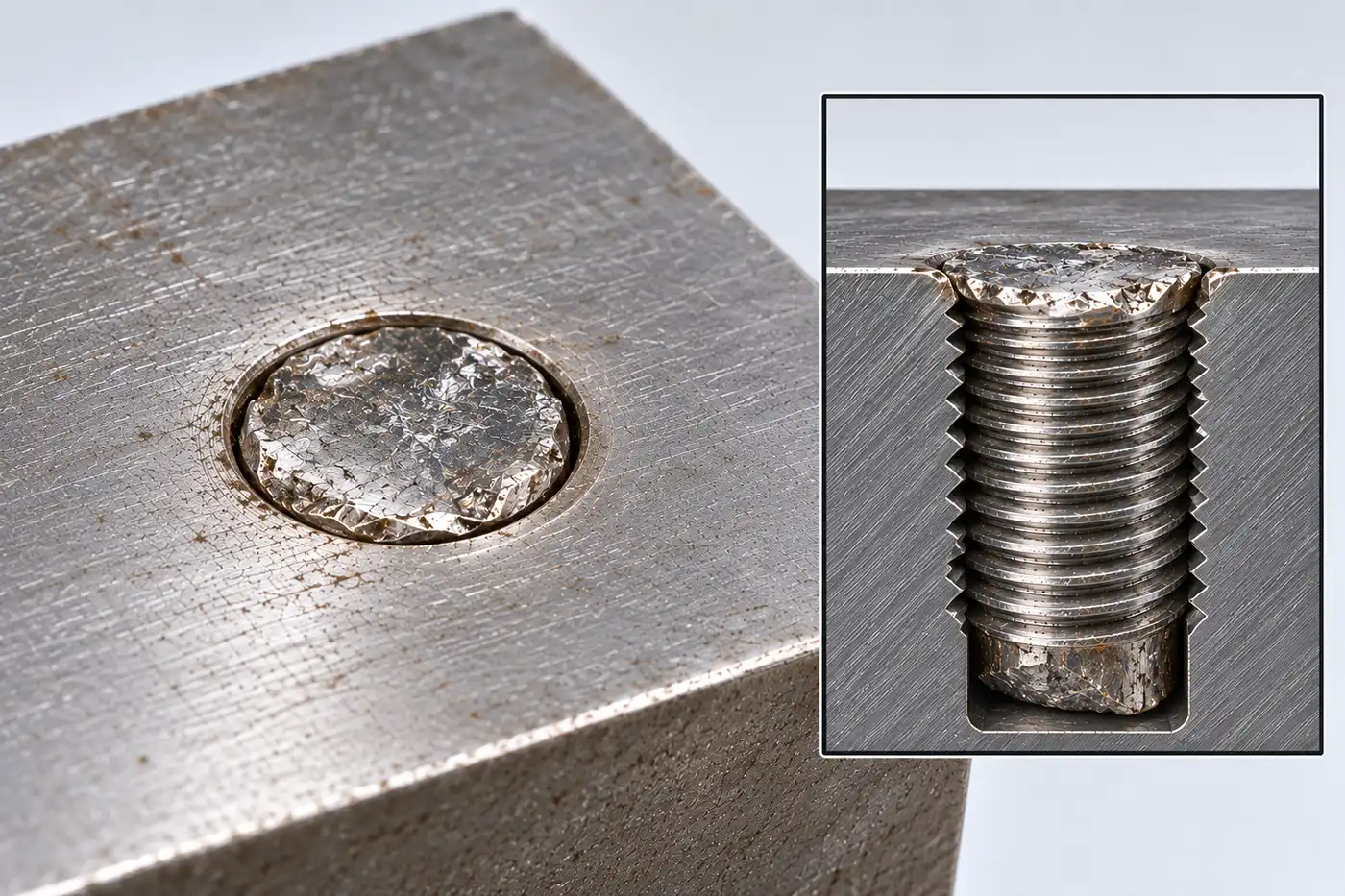 A broken bolt whose fracture face sits about level with the top of a steel block, with a cutaway inset showing its threads inside the hole.