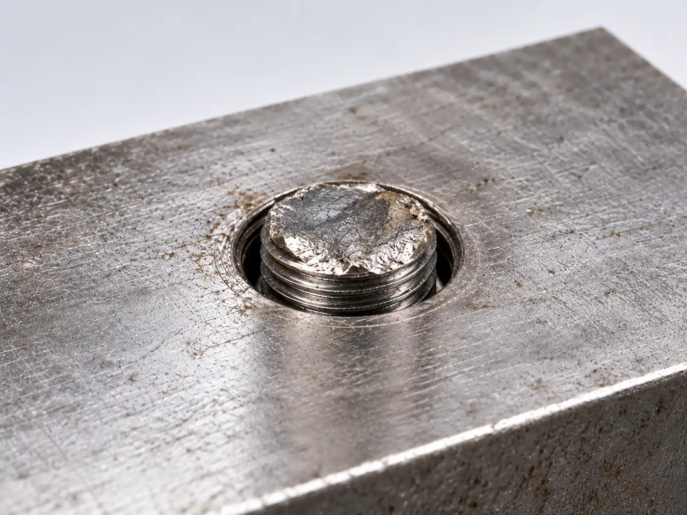 A broken bolt with a rough fracture face standing just above the surface of a steel block, with threads visible around its edge.