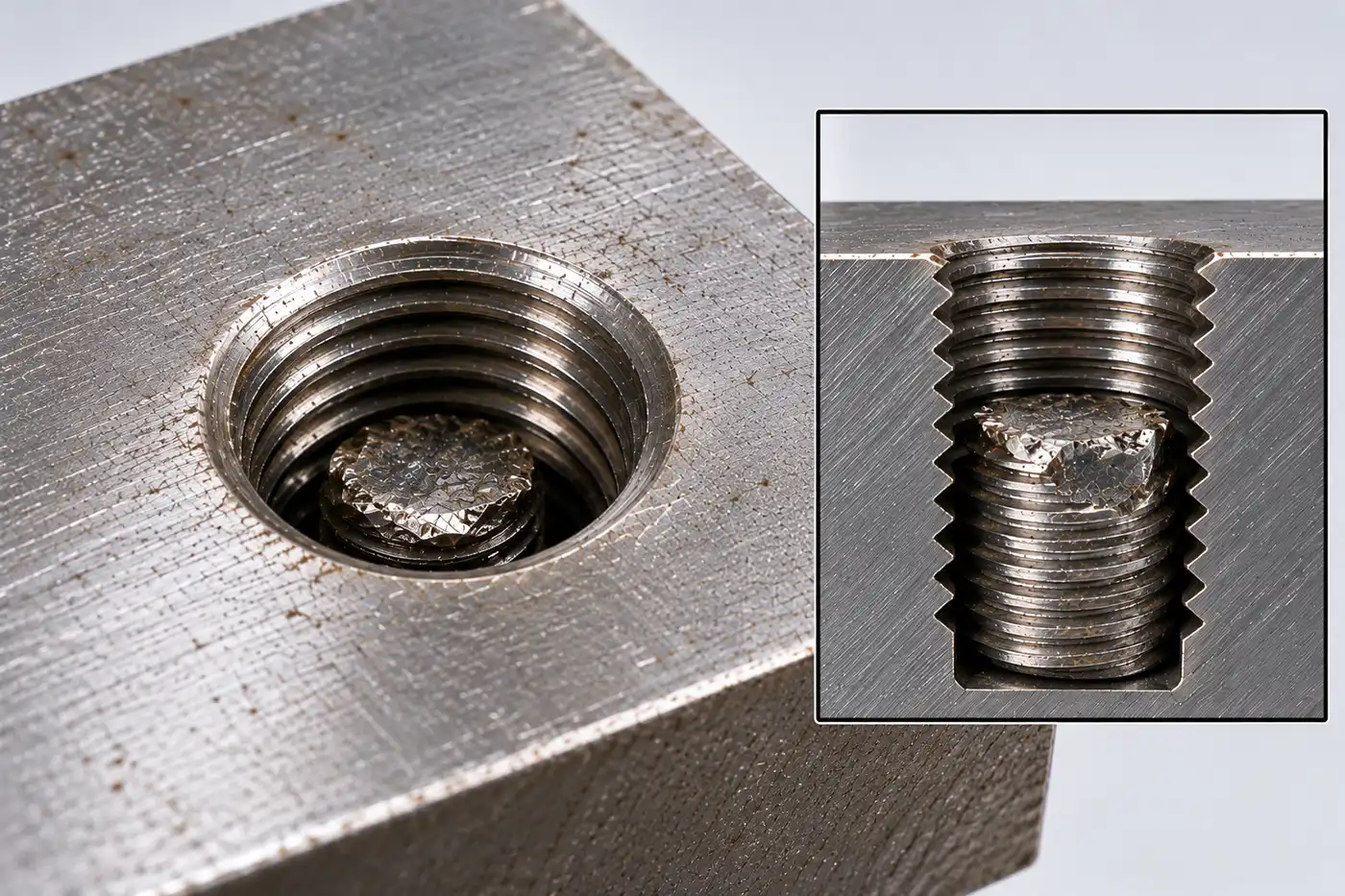 A threaded hole in a steel block with a broken bolt end sitting below the surface, and a cutaway inset showing the fracture inside the hole.