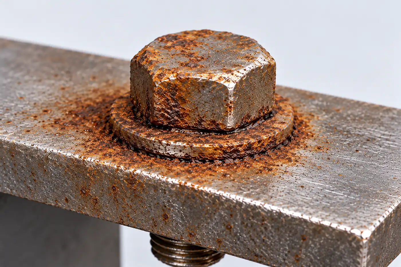 A heavily rusted hex-head bolt and washer on a steel plate, with corrosion spread across the plate around them.