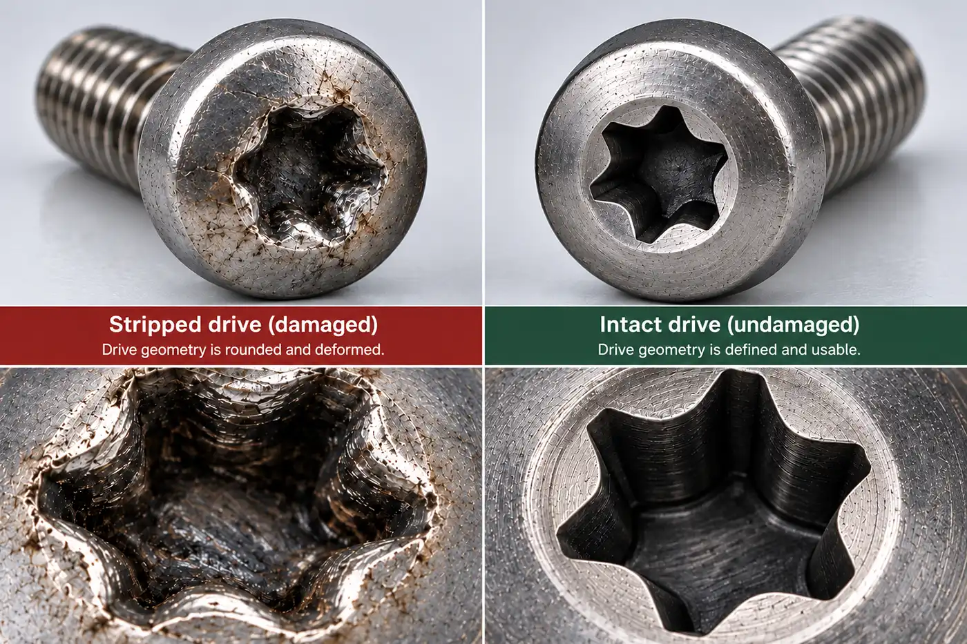 Two screw heads side by side with close-ups below: on the left a Torx-style recess with torn, rounded edges, and on the right a recess with sharply defined lobes.